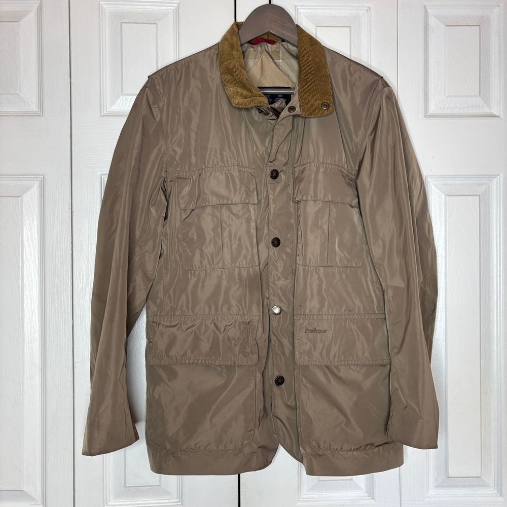 Barbour Mens Thurso Tan Field Jacket Corduroy Collar Dress Tartan Lining Size M